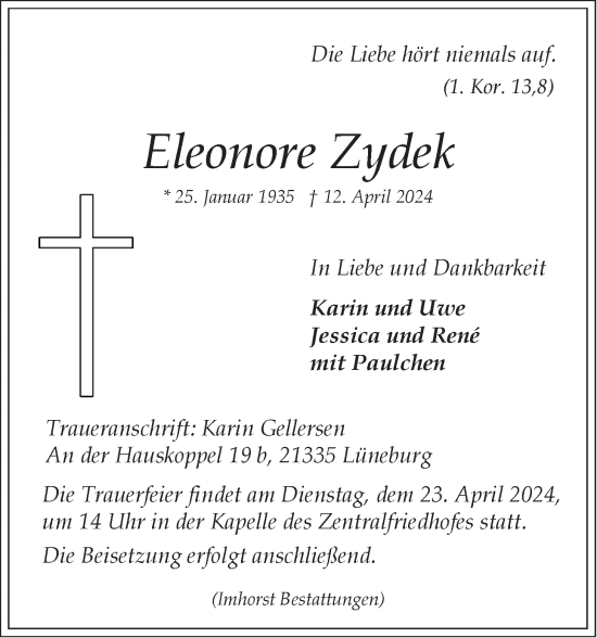 Anzeige von Eleonore Zydek von LZ